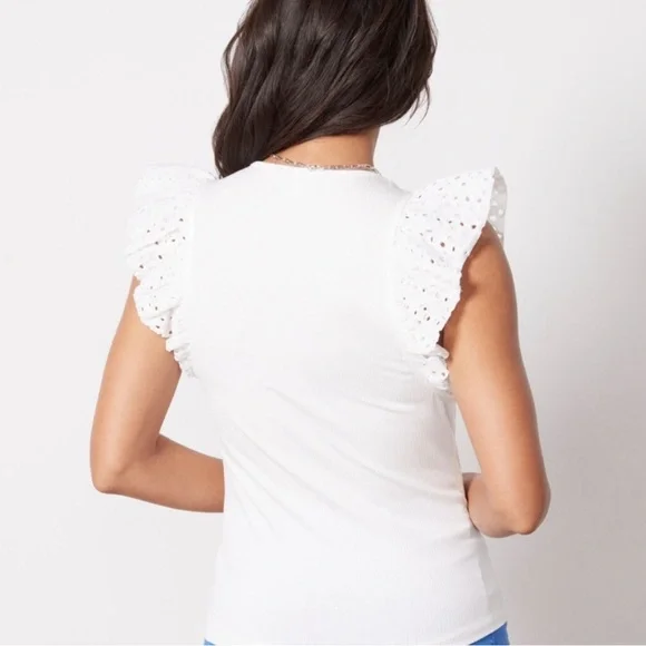 Evereve Eyelet Sleeve Shirt Ribbed Logan Tee Women’s Sz XL White Ruffle Lace EUC - Picture 4 of 8